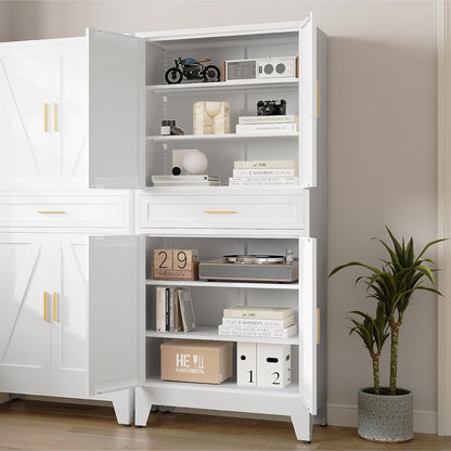 71'' Farmhouse Metal Wardrobe Cabinet with Hanging Rod, 2 Barn Door Wardrobe Closet with Adjustable Shelves,Drawer,for Dining Room,Bedroom,Living Room, Cloak Room,Office (White)