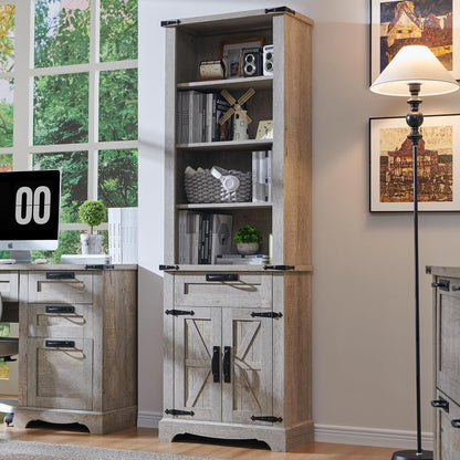 Bookcase with 2 File Drawers, 72" Tall Farmhouse Bookshelf with Storage and Adjustable Shelves, 4 Tier Rustic Wood Bookshelf with Cabinet for Home Office, Living Room (Antique White)
