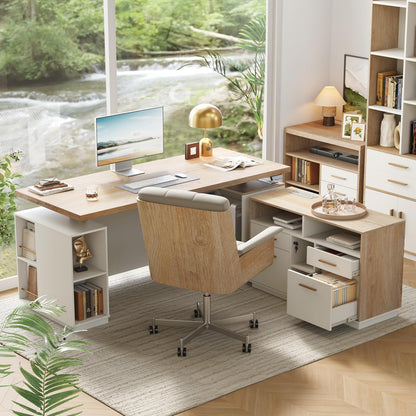 70" Standing Desk with 2 File Cabinet, AC/USB, 1.18" Desktop, L Shaped Height Adjustable Desk, Electric Furniture Set with Multiple Functions for Home and Office, Light Walnut