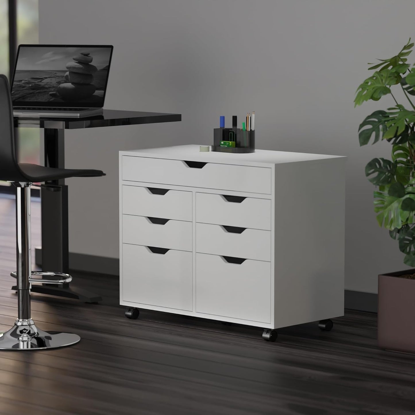 Portable storage cabinet, single-door design, 3 drawers, 2 wide drawers, suitable for home office, black version