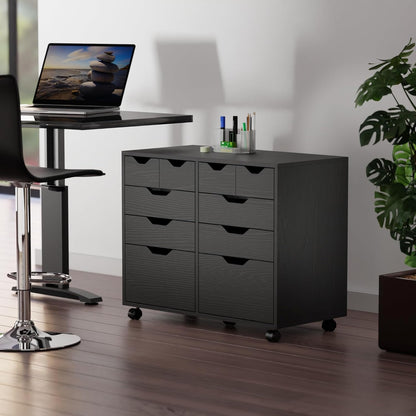 Portable storage cabinet, single-door design, 3 drawers, 2 wide drawers, suitable for home office, black version